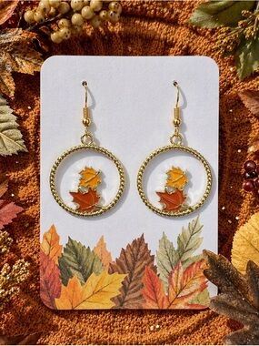New Handmade Gold-Tone Circular Dangle Earrings with Fall Leaves Motif